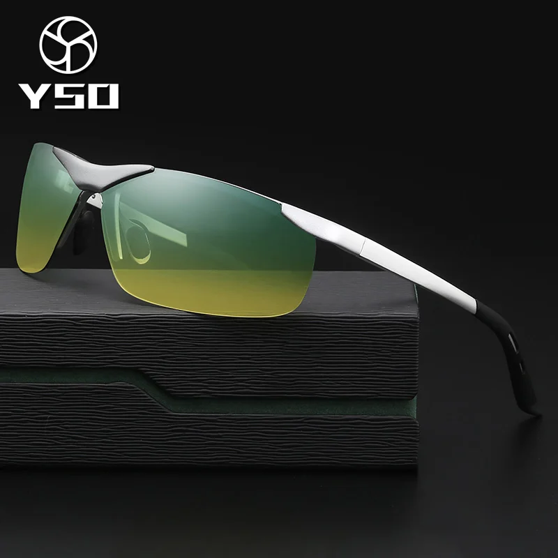 

YSO Sunglasses Men Polarized UV400 Aluminium Magnesium Frame HD Night Vision Driving Glasses Semi Rimless Accessory For Men 6806