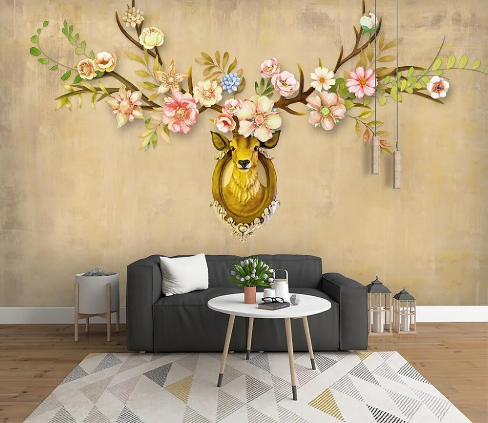 Decorative wallpaper Modern simple deer head flower background wall painting