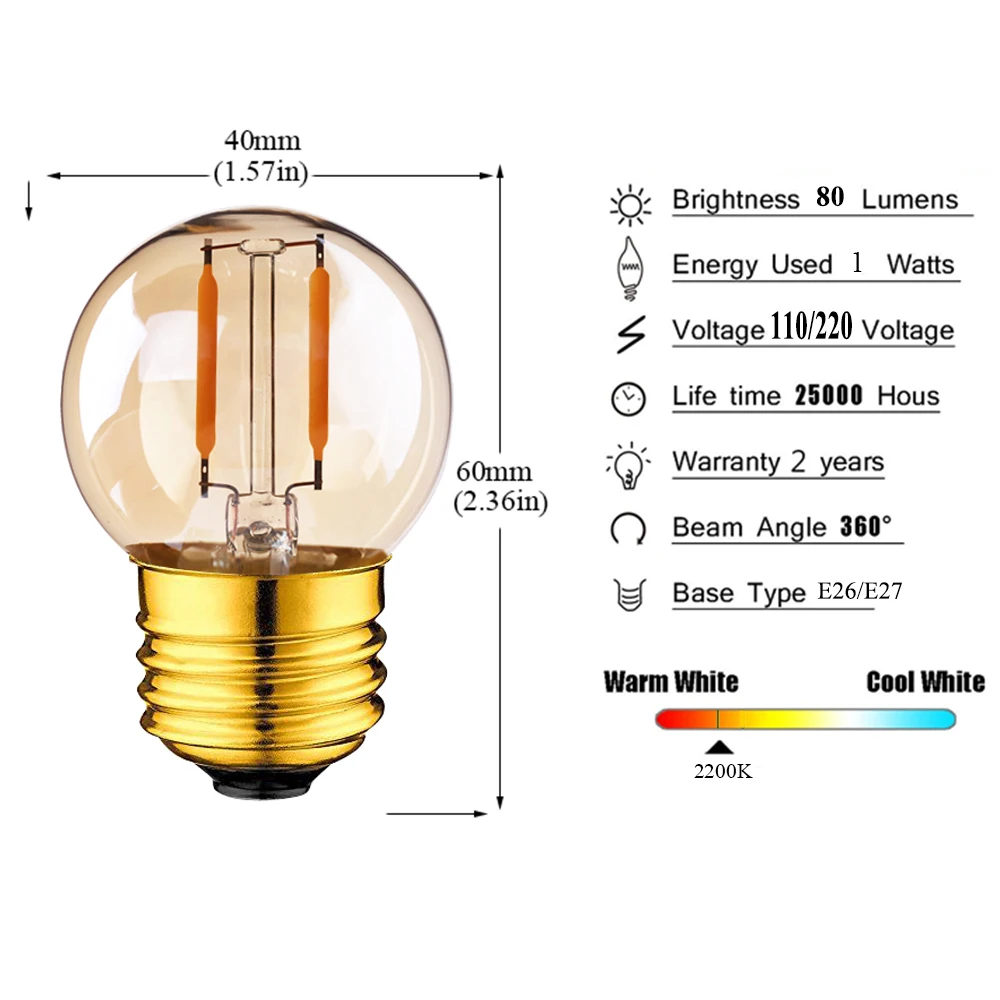 Imagem -04 - Lâmpada Led String Luz Substituir Super Quente Watts Incandescente Equivalente Edison Lâmpada do Vintage para Jardim em Casa 10 Peças 1w G40