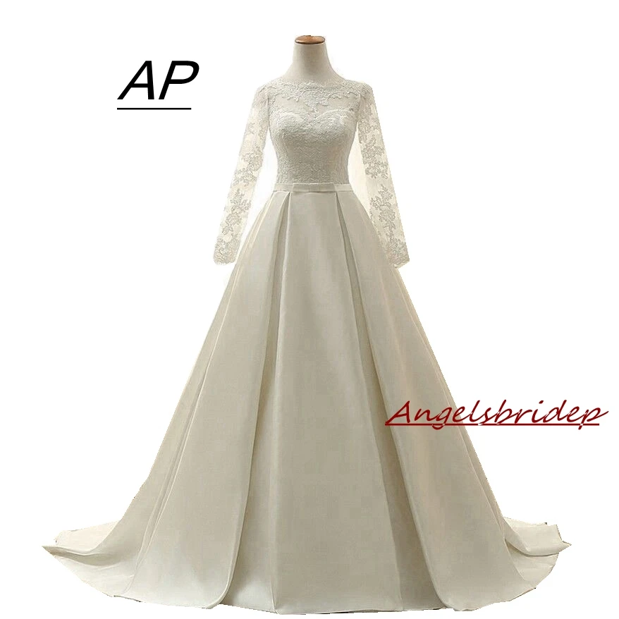 

ANGELSBRIDEP High-Neck Long Sleeves Ball Gown Wedding Dress Vestido De Noiva Formal Satin Court Train Bridal Gowns Lace-up Back