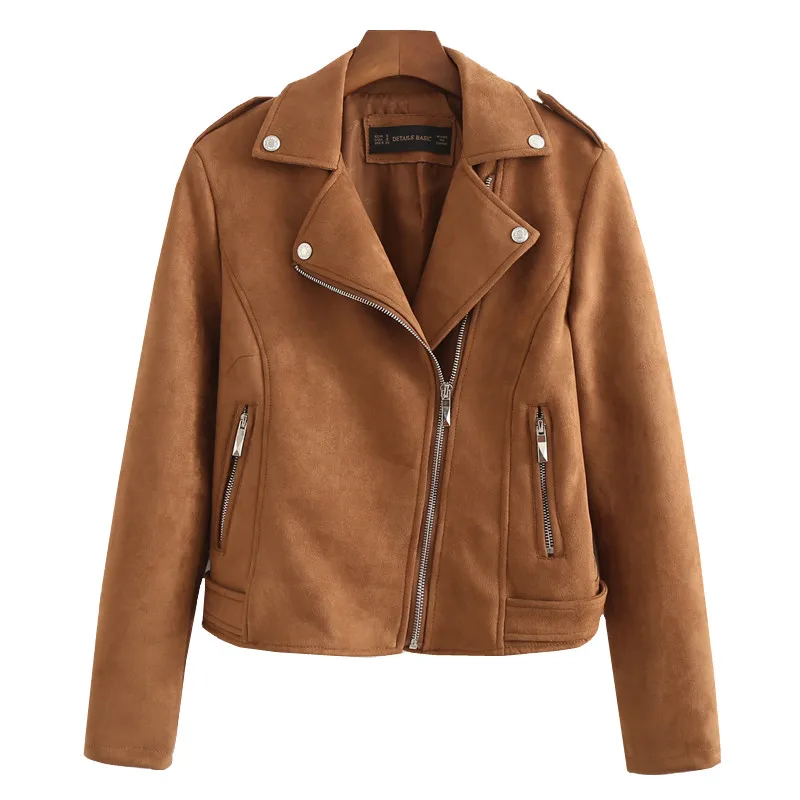 Veste de moto en cuir suédé pour femme, veste slim marron, entièrement doublée, simili cuir souple, fermeture éclair épaulette, nouvelle mode, 600