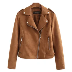 New Fashion Women suede motorcycle jacket Slim brown full lined soft faux Leather female coat veste femme cuir epaulet zipper