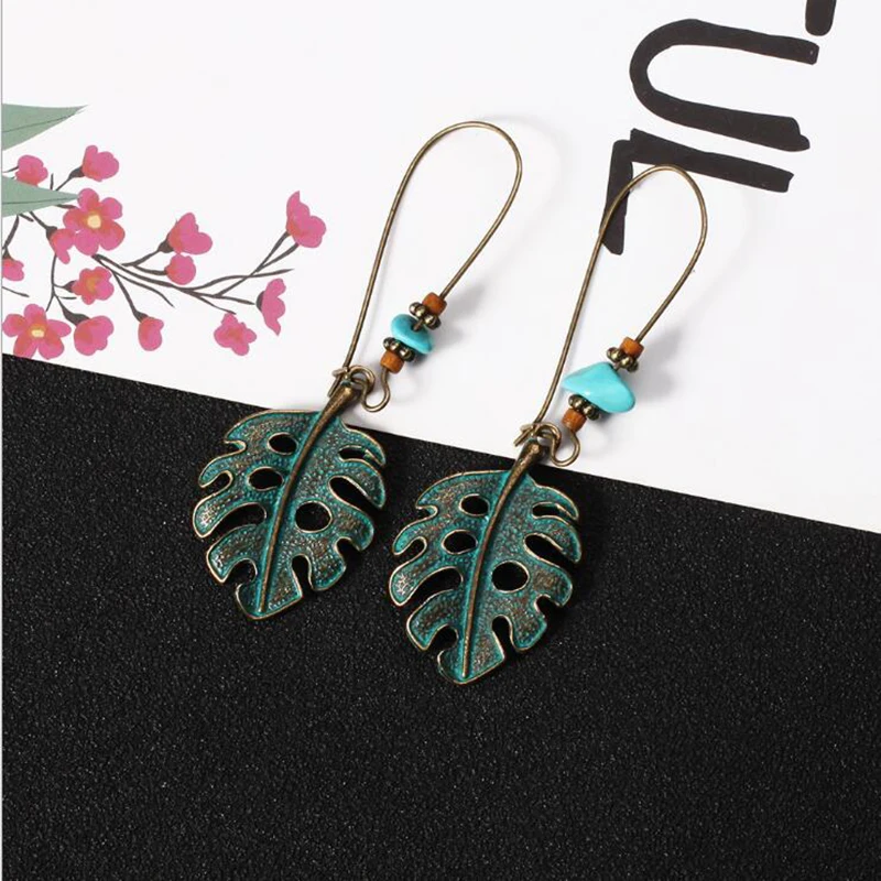 Banny Pink Ethnic Metal Hollow Leaf Pendant Earrings For Women Bohemia Synthetic Stone Dangle Earrings Fashion Jewelry Pendiente