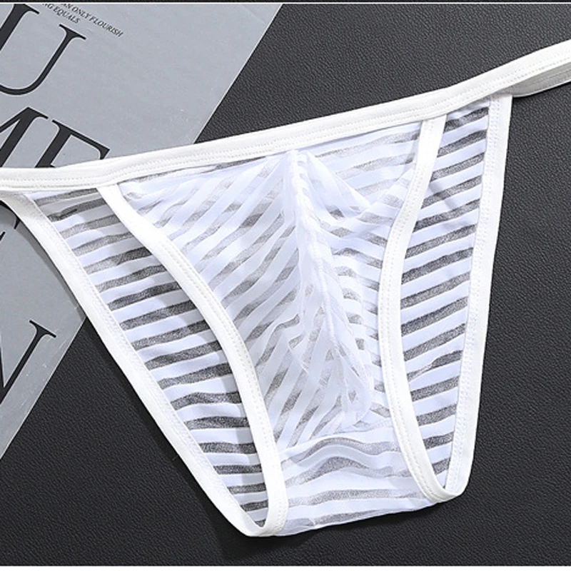 Underwear men Briefs Transparent Silk Striped Cueca Men Briefs Cheap Sexy Lingerie Sheer Slip Homme gay underwear 2019 hot Mens