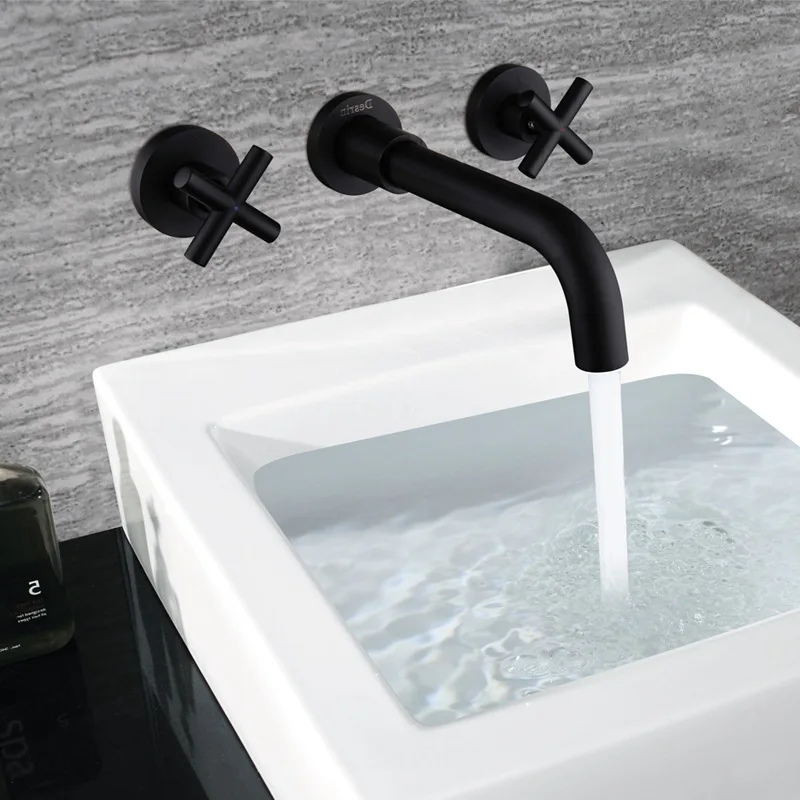 Fashion New Arrival Wall Sink Basin Mixer Tap Set Bathroom Spout Faucet With Double Lever In Matt Black/Polished Gold/Chrome