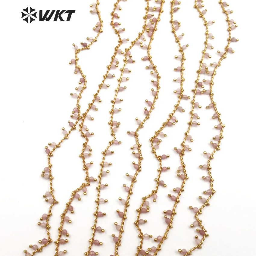 WT-RBC089 WKT Chain for Jewelry Resist Tarnishable Rosary Chain 3mm Round Pink Quartz Bead Drop Gold Color Wire Wrapped