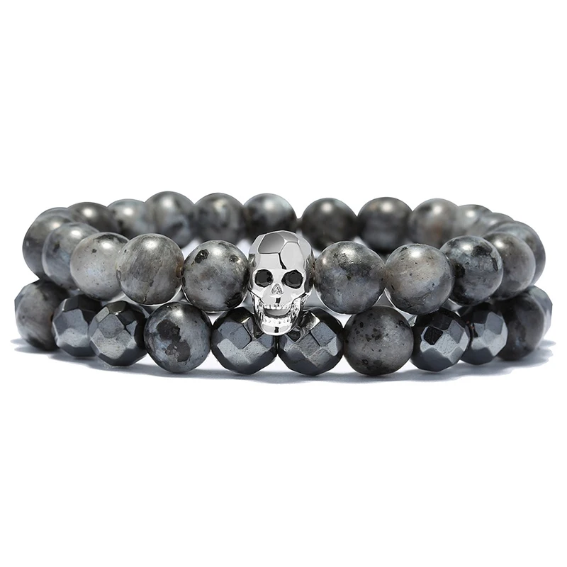 Hiphop Rock Skull Bracelets Male 8mm Geometric Natural Hematite Stone Brazalete For Hombre Stretch Braslet Present for Men Gift