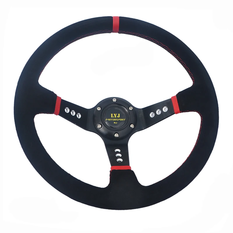 Hot 350mm Deep Dish Red Stitch Car Steering Wheel 6 Holes Suede Leather Racing Steering Wheel