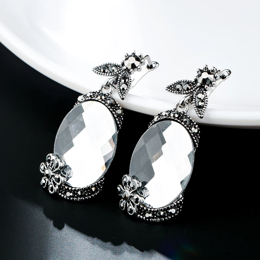 Kinel Hot Brand Design Vintage Flower Big Drop Earrings Antique Tibetan Silver Fashion Jewelry Gray Crystal Earrings For Women