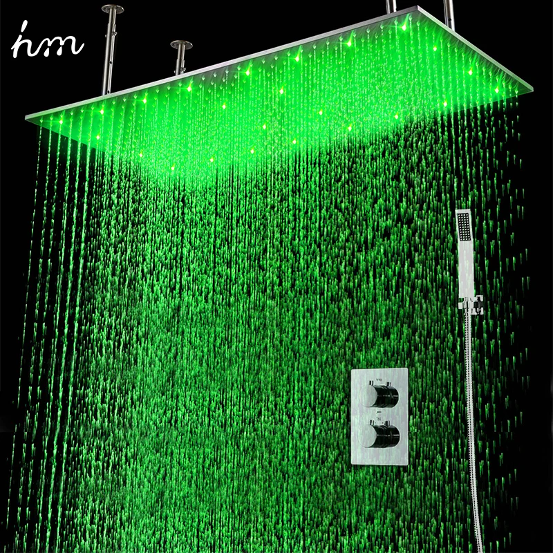 hm Concealed Thermostatic Shower System Set 20x40Inch Square Ceiling LED Shower Head Panel Bathroom Large Rainfall Shower Faucet