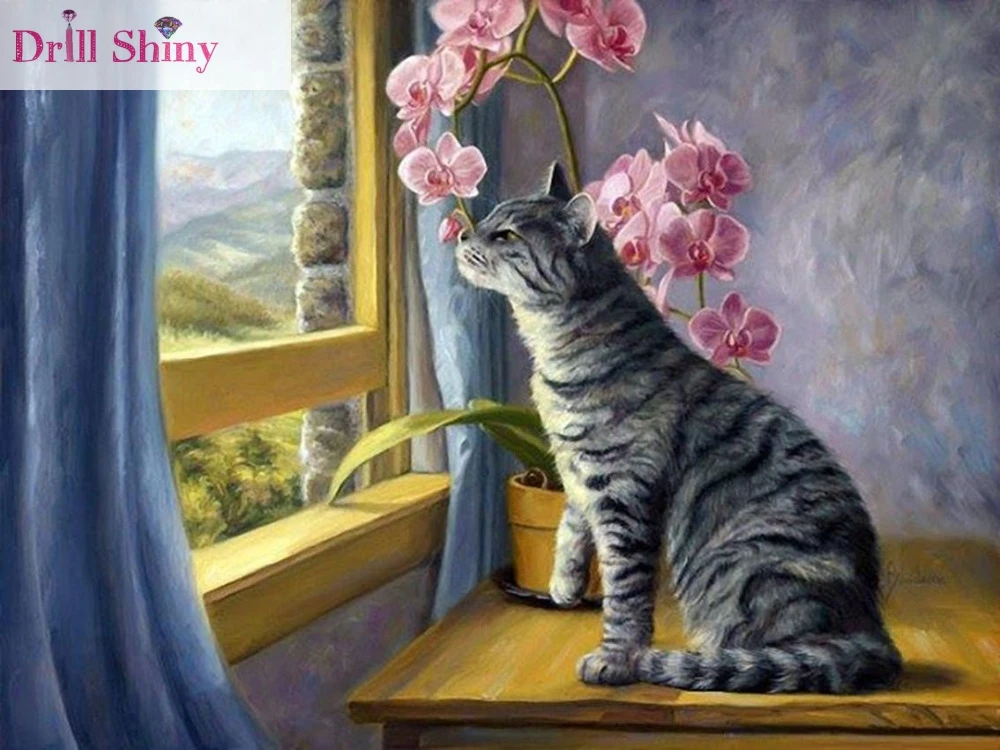 5D DIY Diamond Painting Animal Balcony Cat Ribbon Rhinestone Paintings 3D Crossing Stitch Full Square Mosaic Diamonds Needlework