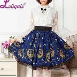 Mori Girl falda de patinadora azul para mujer, Falda corta plisada con estampado de Luna y Estrella, cintura elástica Lolita