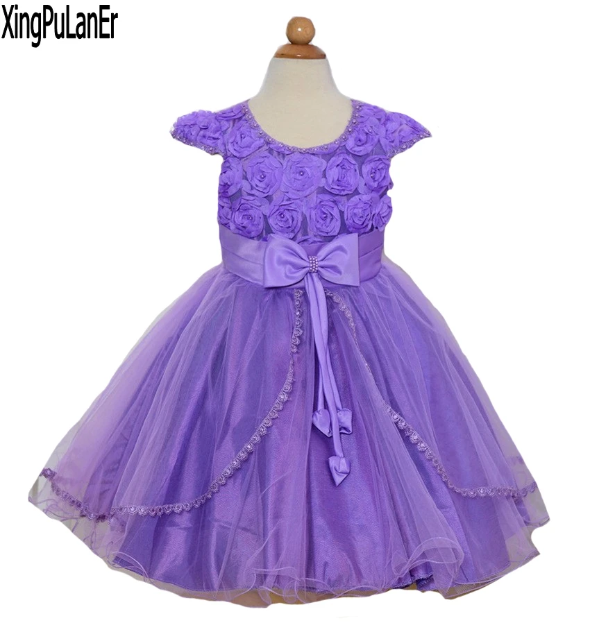 

Ball Gown Scoop Neck Short Sleeve Flowers Appliques Beaded Purple White Pink Kids First Communication Dress Flower Girl Dresses