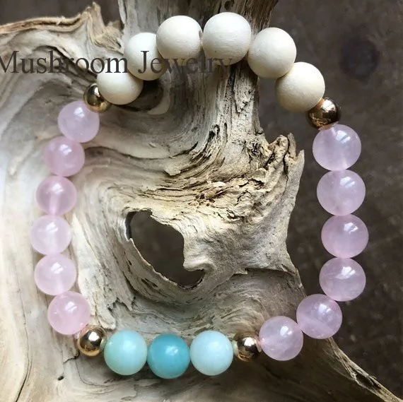 Gold Metal Bracelet River Stone Amazonite Rose Quartz Crystal Stretch Bracelet