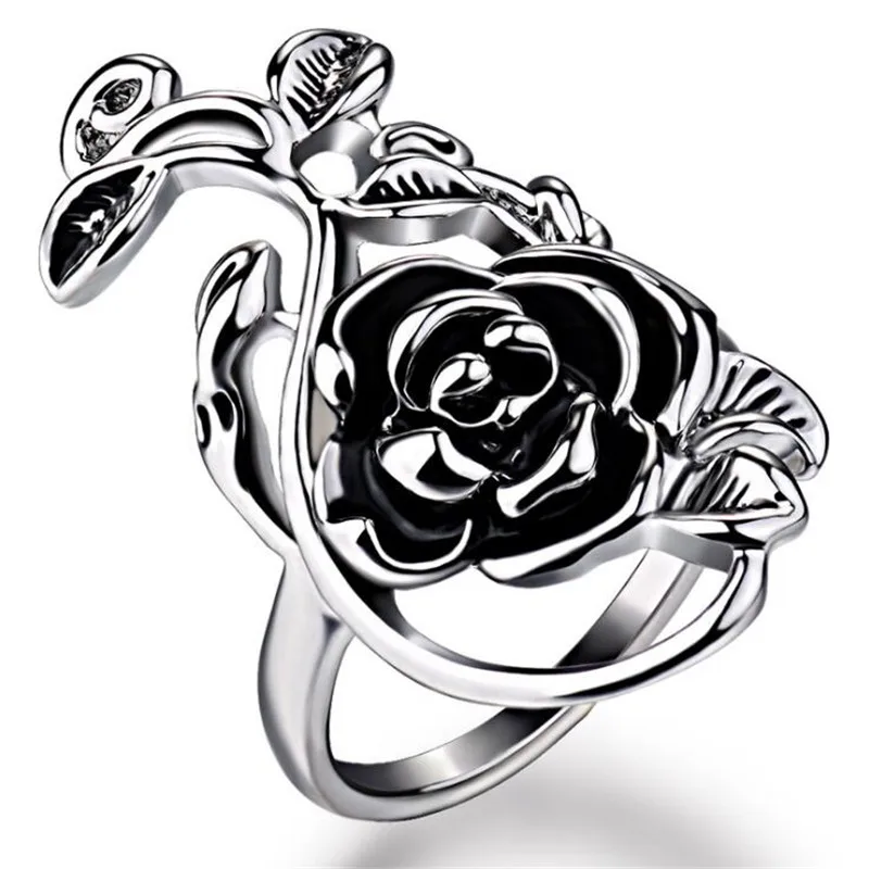 Romantic Fashion Wedding Jewelry Rose Flower Rings for Women Stainless Steel Silver Color Plant Flower Rings