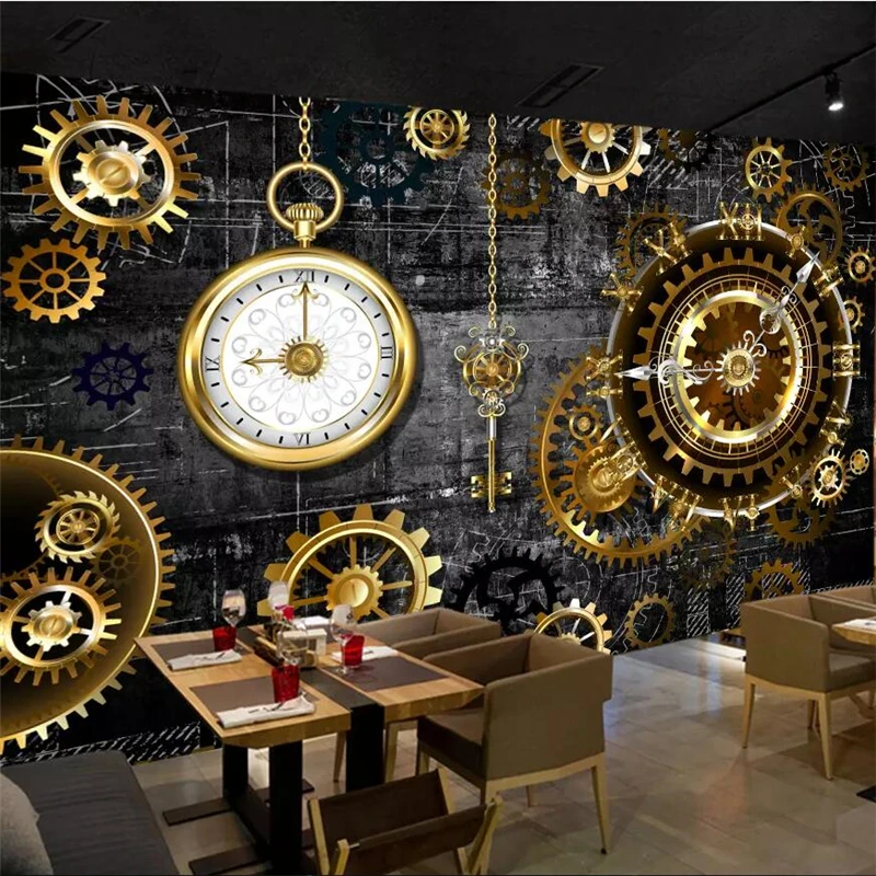 wellyu 3D three-dimensional European and American gold gear clock mural background wall custom large mural green wallpaper