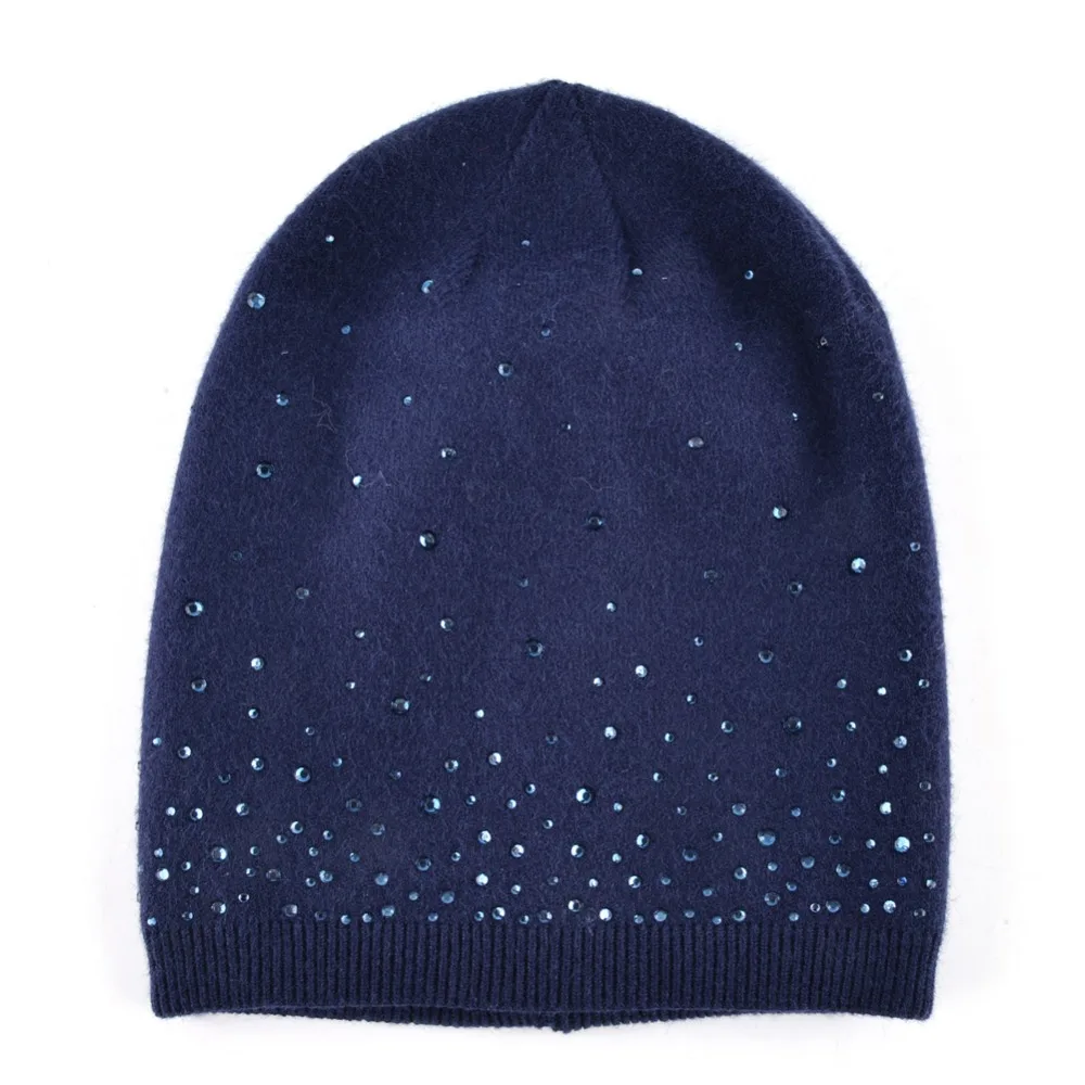 2018 Women\'s Fashion Rhinestone Beanies Hat Solid Knitted Skullies Bonnet Caps Ladies Winter Knitting Rabbit Wool Hat Female cap