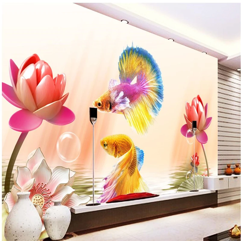 wellyu Goldfish lotus color carving 3D TV backdrop custom large fresco environmental silk silk wallpaper papel de parede