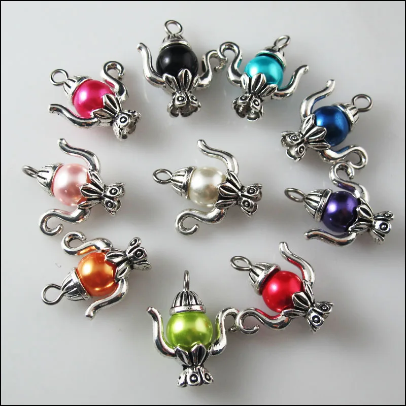 10Pcs Tibetan Silver Aladdin God Lamp Mixed Glass Charms Pendants 19x20mm