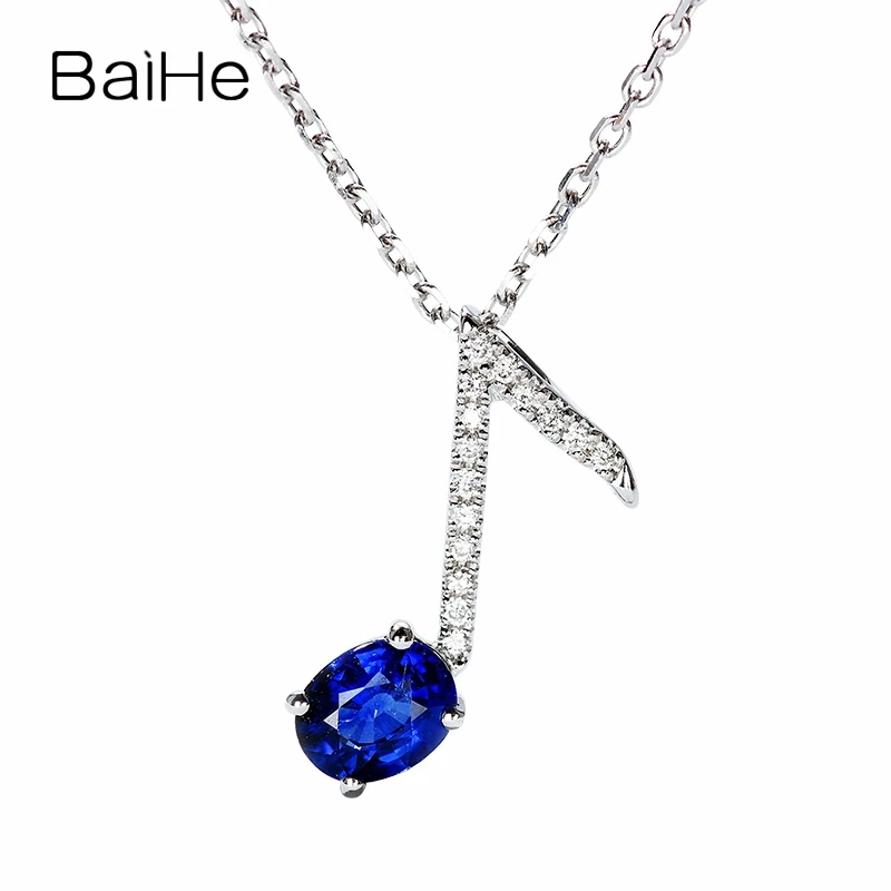 

BAIHE Solid 18K White Gold 0.40CT Oval Natural Sapphire Women Fine Jewelry Musical notes diamond sapphire pendant Necklaces