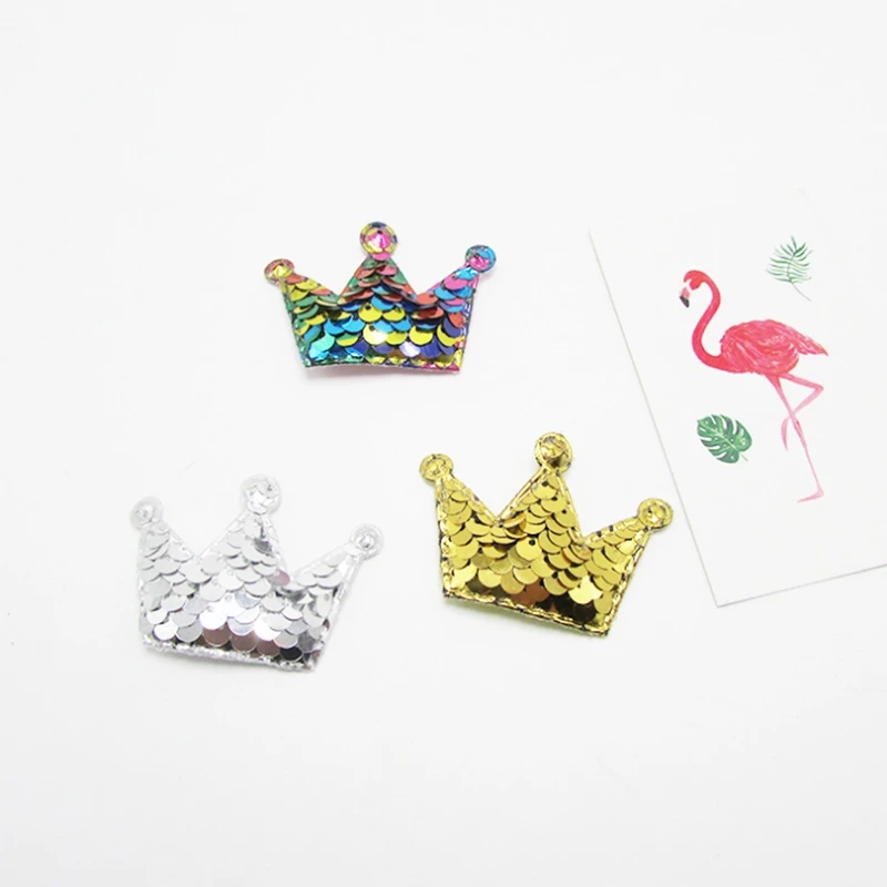 50 pcs/lot 3.8*5.5CM sewing patch Shiny/Glittered sequin Crown Padded Appliques Mix Five Colors for Bows