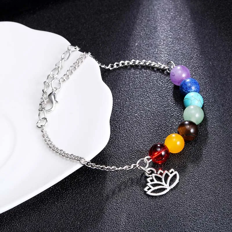 2024 Lotus Charm OM 7 Chakra Beads Bracelets Anklet For Women Silver Color Link Chain Pray Yoga Bracelet Foot Jewelry Wholesale