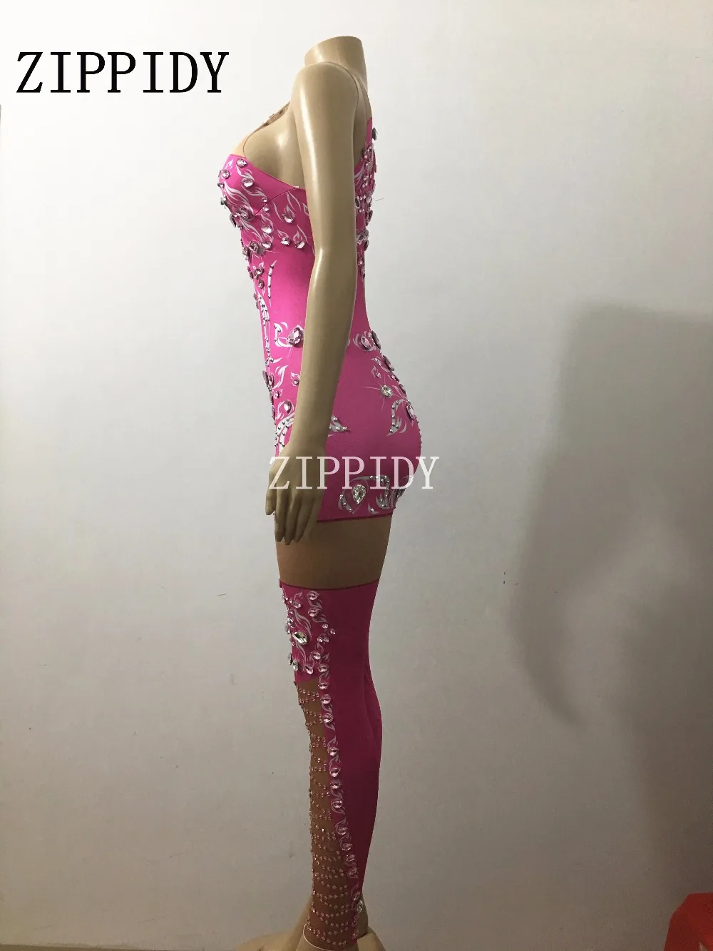 Fashion Sexy Sparkly Rhinestones Pink Jumpsuit Birthday Celebrate Costume Female Singer Bodysuit Performance Dance Wear