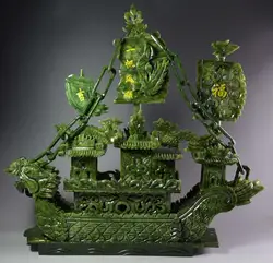 38cm Large Chinese Hand Carved 100% Natural Jade Incense statue Dragon Boat NT