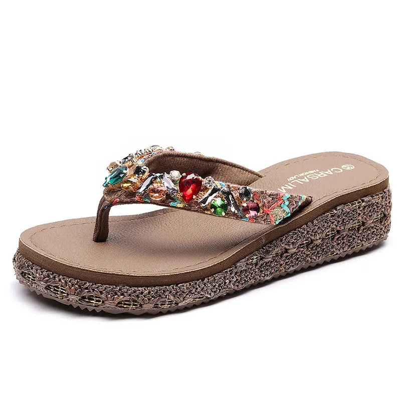 slippers sandals women 2023 rhinestone flip flops Clip Toes Womens Wedge Summer Sandals Casual Beach Slippers Rubber Slip-on