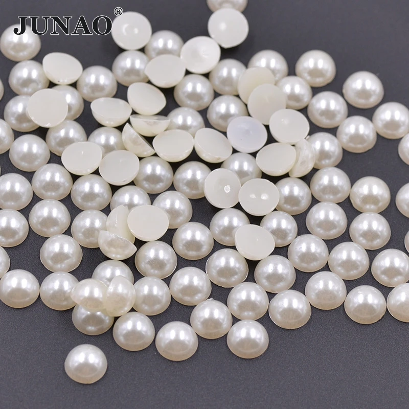 JUNAO 2 4 6 8 10 18 20 mm White Beige Half Round Pearl Beads Flatback Plastic Pearl Non Sewing Scrapbook Crystal Stones for DIY