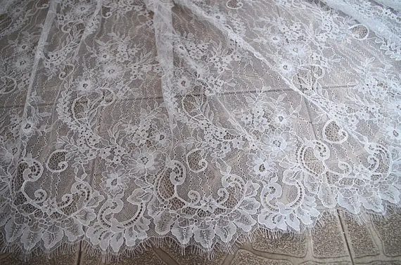 

1 yard ivory lace fabric, bridal french lace fabric with retro jacquard floral, eyelash chantilly vintage lace fabric