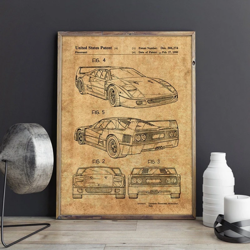 For Ferrari F40 Car Artwork Patent Prints Auto Wall Art Transportation Poster Room Decor Blueprint Canvas Painting Picture Gift
