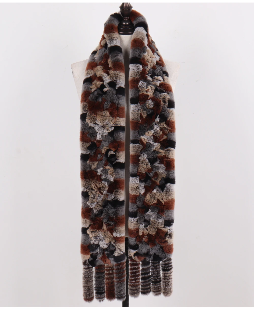 Neue Damen-Schals aus 100% natürlichem Rex-Kaninchenfell, langer Stil, gestrickte Rex-Kaninchenfell-Quastenschals, warme Echtfell-Schals für den Winter. – Detail 34