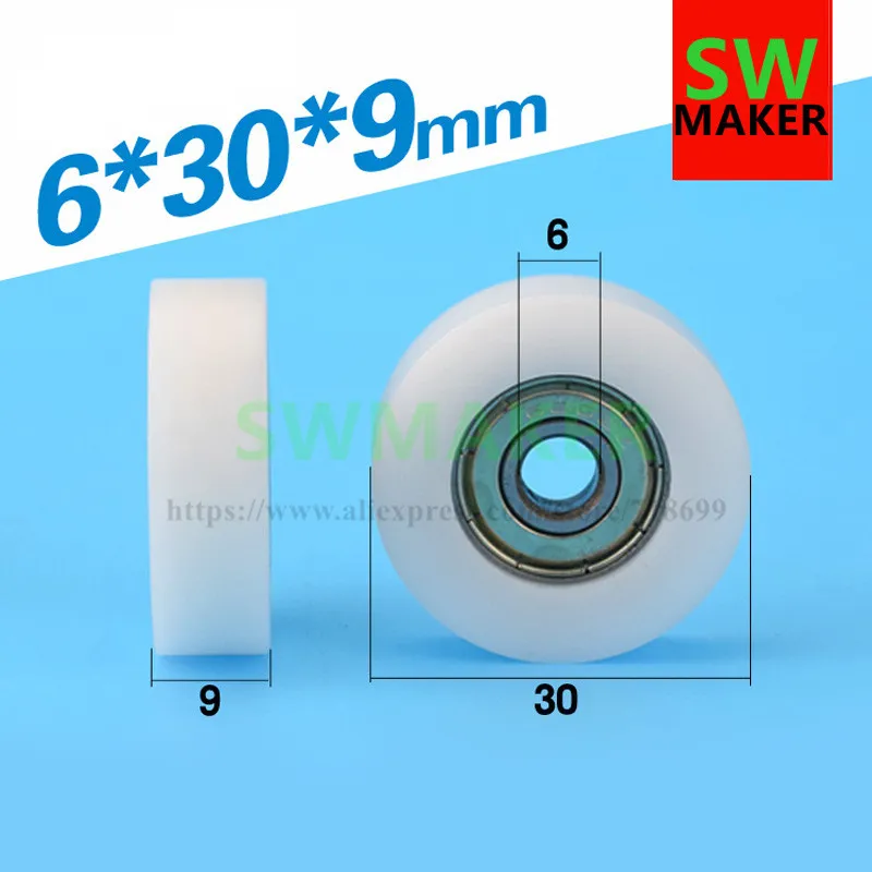 1pcs 6*30*9mm M6*30*9mm flat wheel, carbon steel bearing 626, POM nylon plastic sheave pulley for drawer / door / window