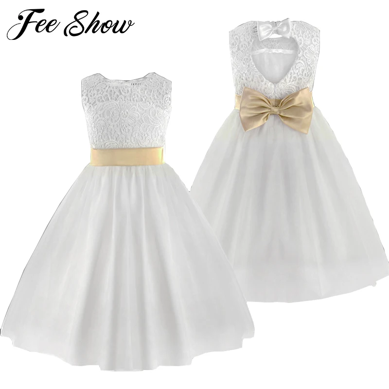 

White Flower Girl Dress Kids Pageant Birthday Formal Party Lace Long Dress Bowknot First Communion Dress Prom Gown 2-12Y