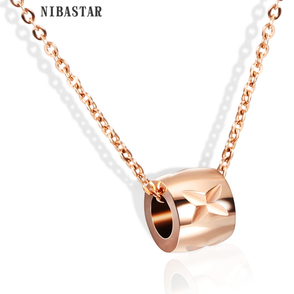 New Fashion 316L Stainless Steel Chain Rose Gold Color Cylinder Pendant \