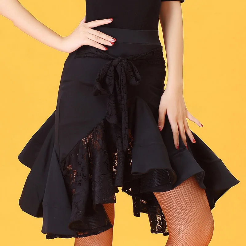 Latin Dance Skirt Latin Dance Costume Danse Latine Black Patchwork Meryl with Ruffled Lace Hem Belt Dancewear D1340 Customize