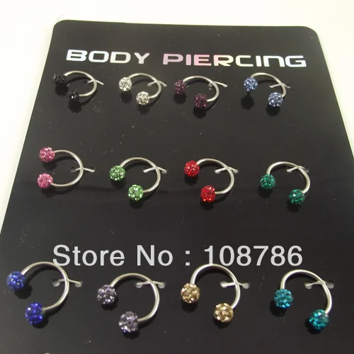 

12pcs Stainless Steel Crystal ball Horseshoe Circular barbell body piercing captive ring jewelry Nose Ring Helix Tragus