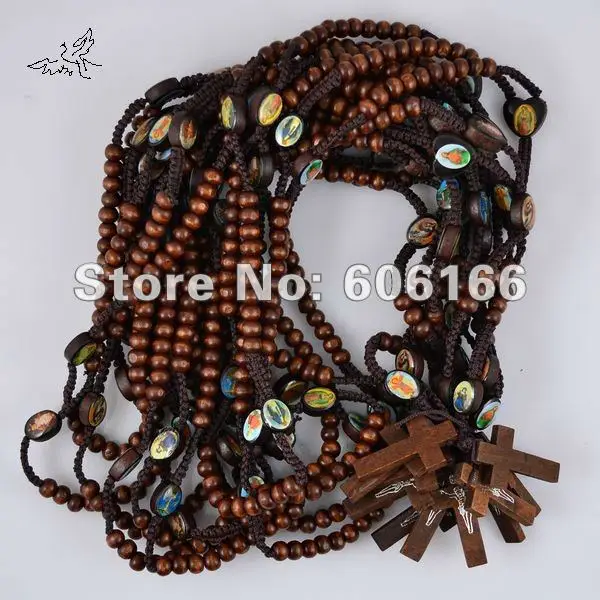 

24x Deep Brown Holy Icon Wooden Rosary Beads Necklace Jesus Cross Pendant Necklaces Wood Religious Cross Jewelry