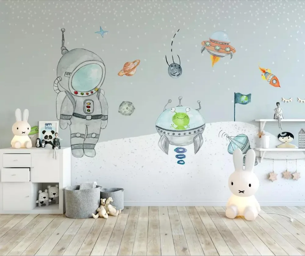 

Hand-painted space children room background wall painting