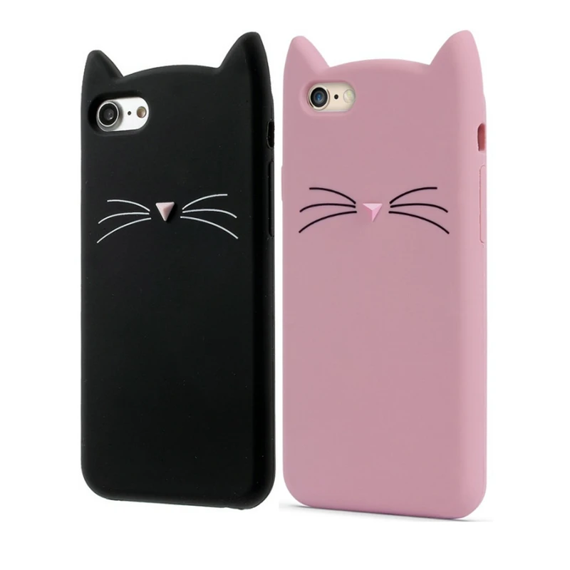 

Soft Silicone Case for iPhone 7, case with 3D cartoon, black and pink cat, rubber back cover for iPhone 5S, 6, 6S, 7, 8