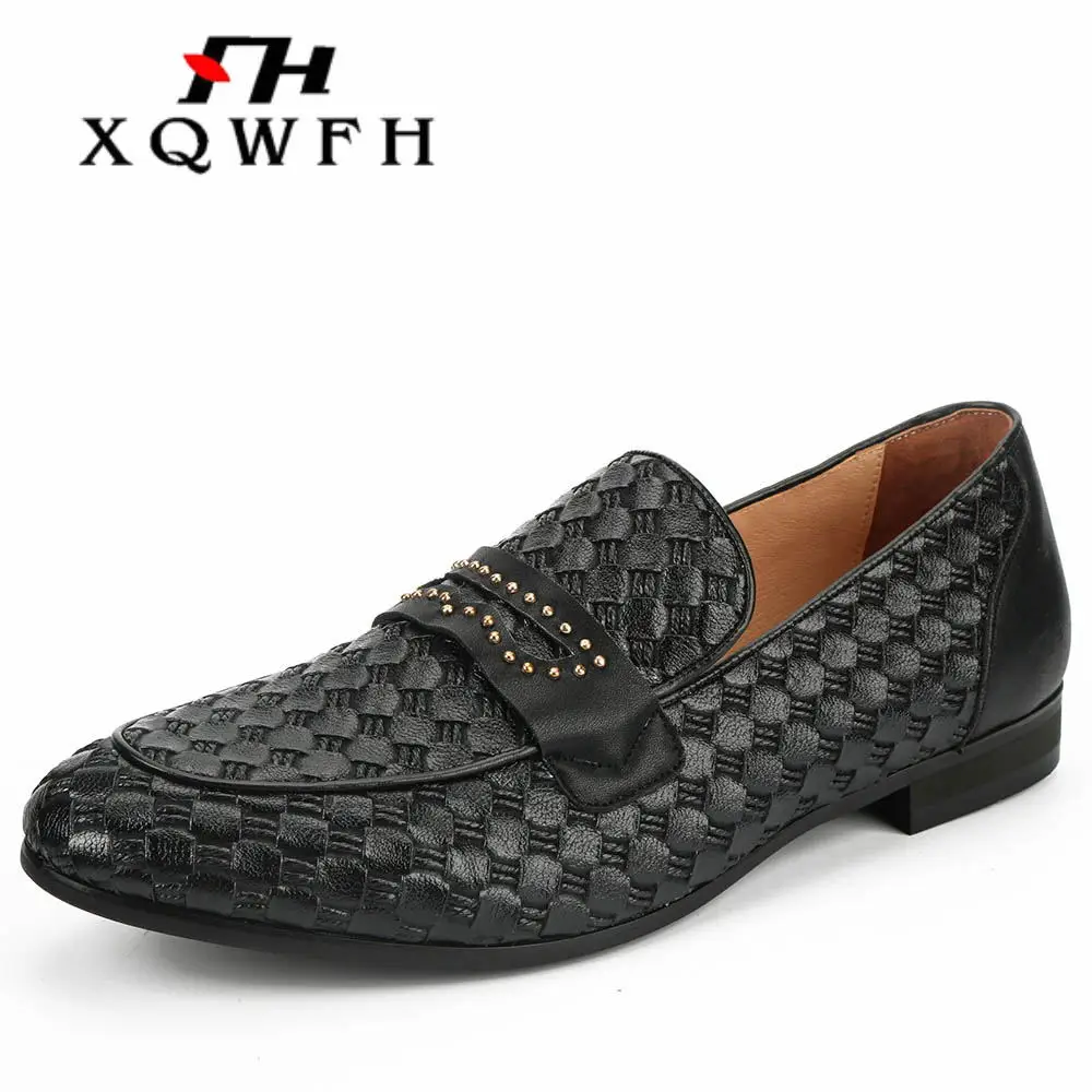 XQWFH High Quality Men Weaving Leather Shoes Men\'s Loafers Moccasins Shoes Business Wedding Tuxedo Dress Shoes Male Brand Flats