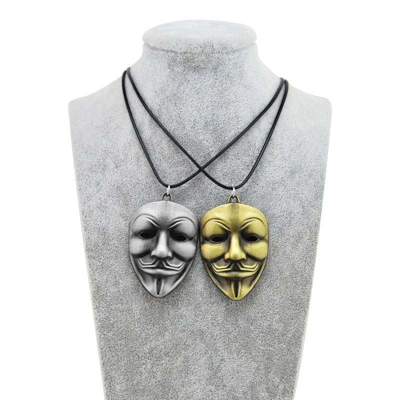 Original New Retro V for Vendetta Necklace Men Leather Chain Vintage Mask Pendant Necklace Women Jewelry Party Gift