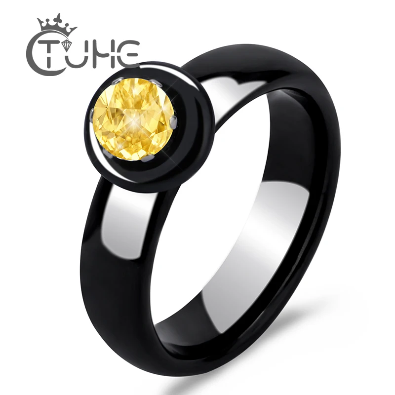 Real Natural Ceramic Filled Yellow Round Zircon Wedding Ring For Women Men Fashion Jewelry Smooth Ceramic Wedding Ring One Ring