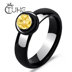 Real Natural Ceramic Filled Yellow Round Zircon Wedding Ring For Women Men Fashion Jewelry Smooth Ceramic Wedding Ring One Ring