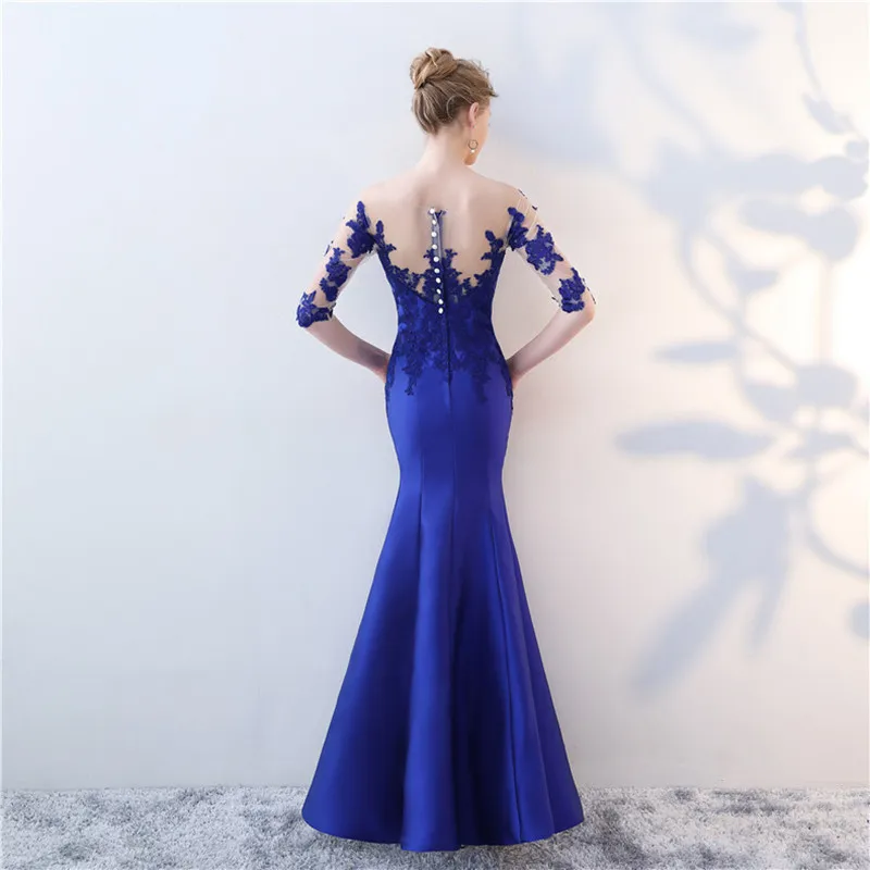 JaneVini Elegant Mermaid Royal Blue Prom Dresses with Half Sleeve Lace Appliques Illusion Back Satin Prom Dress Vestidos De Gala