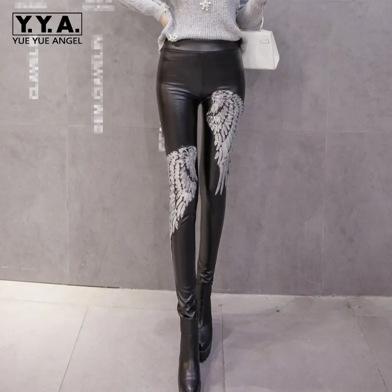 

Winter New European Gold Silver Fleece Lining Pu Pants Women Slim Fit Female Fashion High Waist Trouser Roupas Feminina Sequined