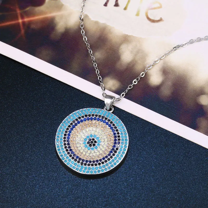 OCESRIO Turkish Round Evil Eye Pendant Necklace Woman Micro Pave CZ Zircon Gold Long Chain Necklace Silver Color nke-n89