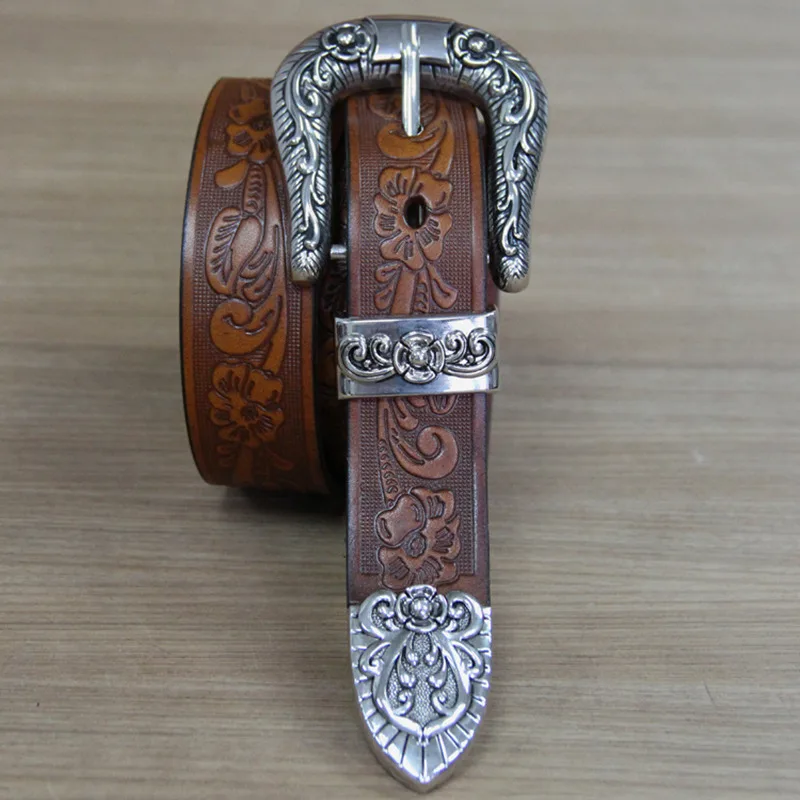 Fashion Women Dress Belts, Retro Floral Printed Genuine Leather Belt For Women, Jeans Belt