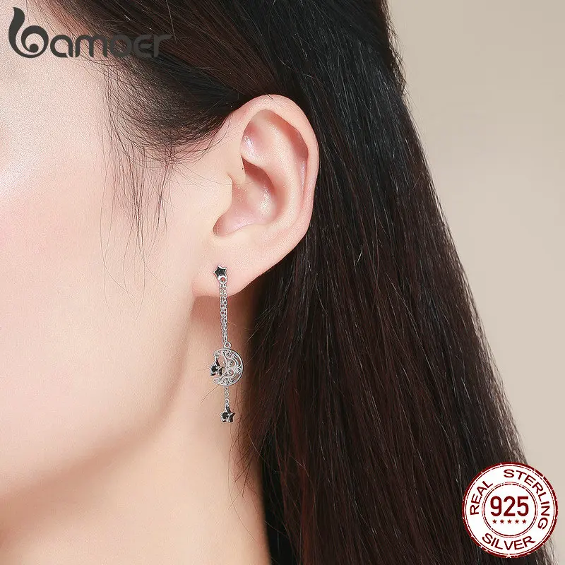 BAMOER Trendy New 925 Sterling Silver Star And Moon Long Chain Drop Earrings for Women Black CZ Sterling Silver Jewelry SCE528